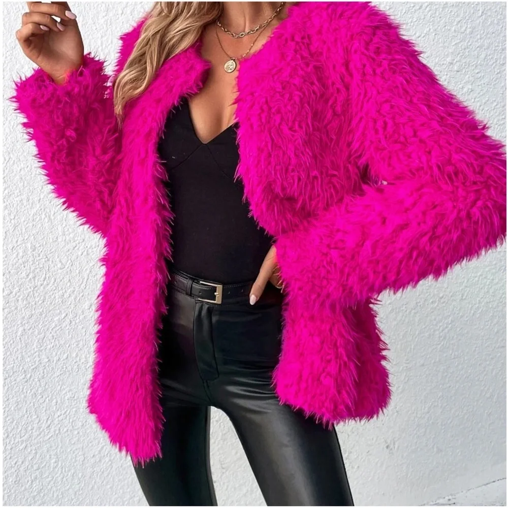 Cozy Hot Pink Open Front Vegan Fur Jacket Coat - Picture 3 of 5